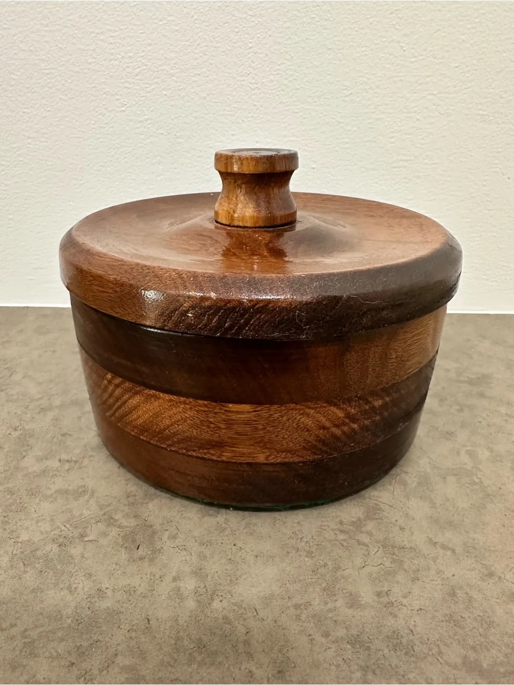 Vintage Hand Turned Solid Wooden Lidded Covered Bowl w/ Knob - Brown Trinket Box